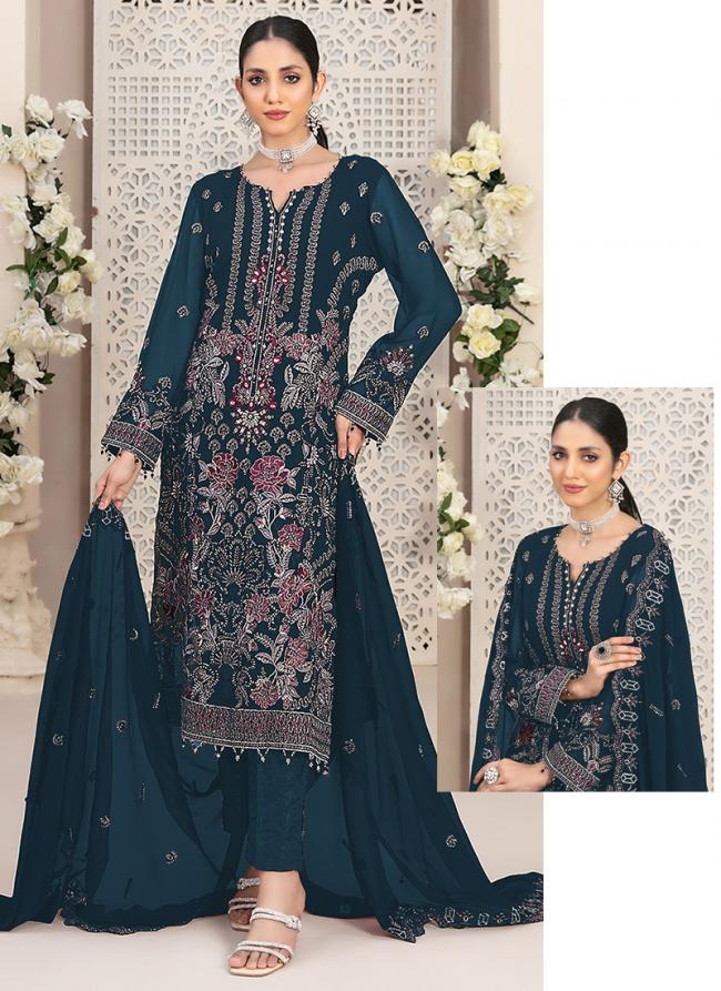 Faux Georgette Dark Blue Festival Wear Embroidery Work Pakistani Suit